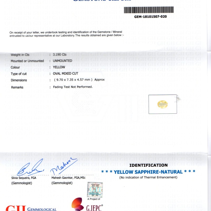 3.19 Ct GII Certified Unheated Untreated Natural Ceylon Yellow Sapphire 3.19 Ct GII Certified Unheated Untreated Natural Ceylon Yellow Sapphire