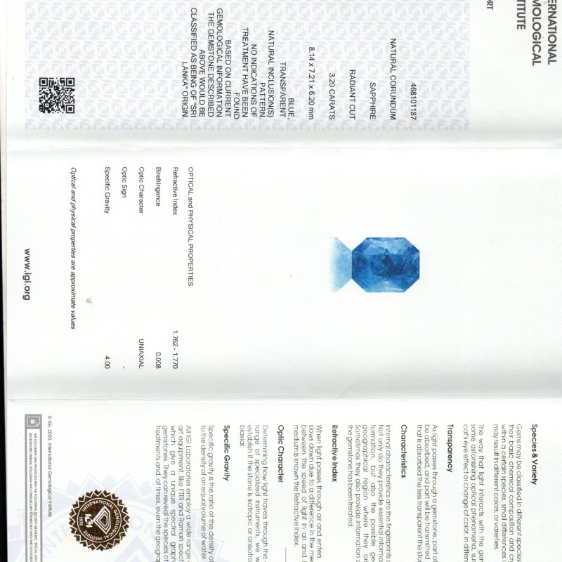 3.20 Ct IGI Certified Unheated Untreated Natural Ceylon Blue Sapphire AAA