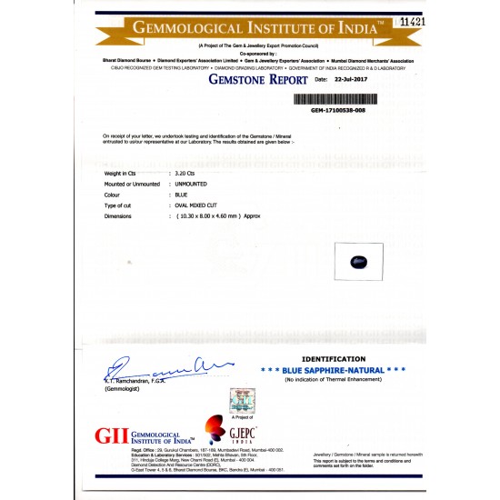 3.20 Ct GII Certified Unheated Untreated Natural Ceylon Deep Blue Sapphire