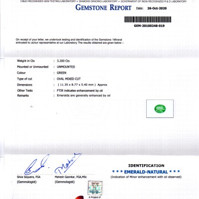 3.20 Ct GII Certified Untreated Natural Zambian Emerald Gems AA