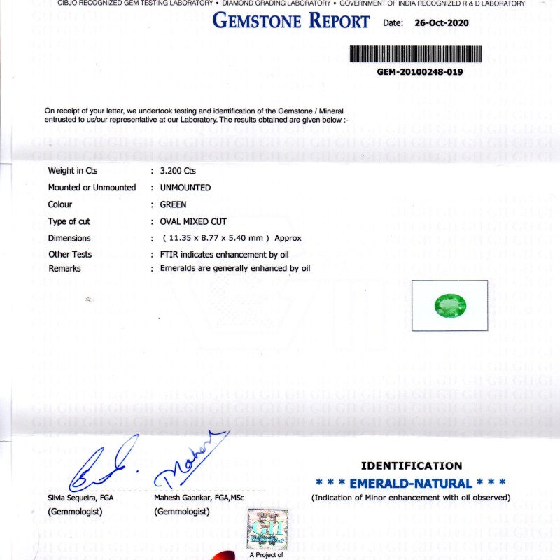 3.20 Ct GII Certified Untreated Natural Zambian Emerald Gems AA