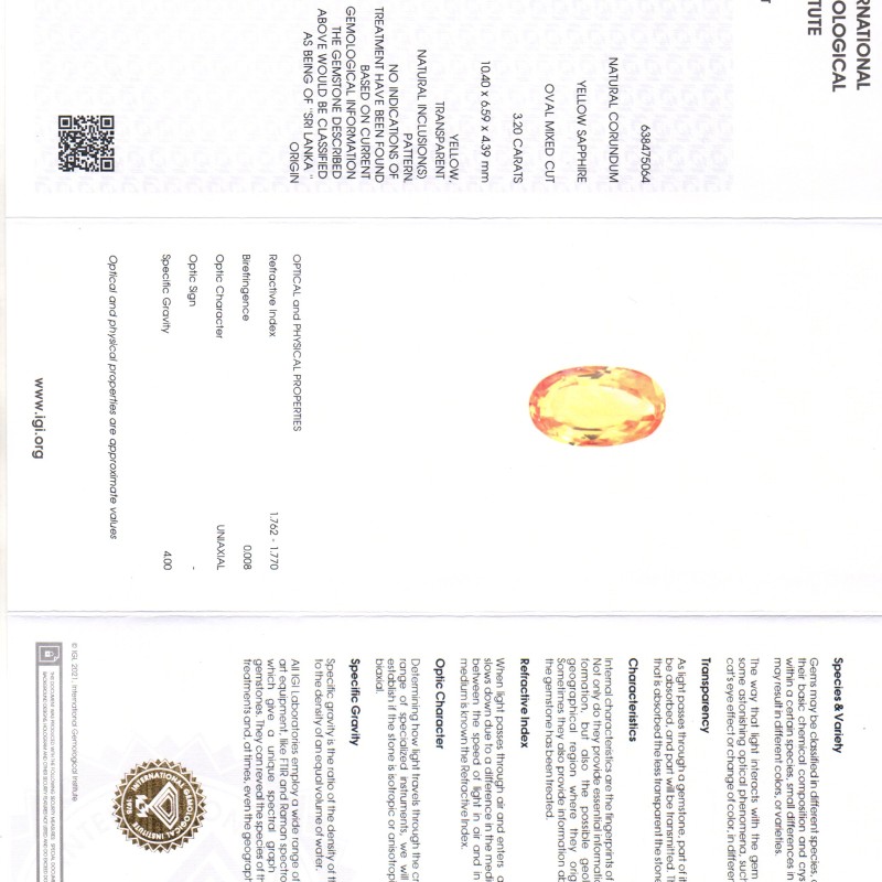 3.20 Ct IGI Certified Unheated Untreated Natural Ceylon Yellow Sapphire AAA 3.20 Ct IGI Certified Unheated Untreated Natural Ceylon Yellow Sapphire AAA