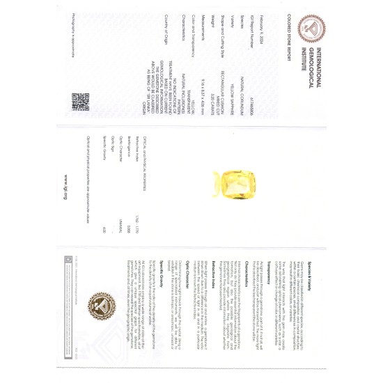 3.20 Ct IGI Certified Unheated Untreated Natural Ceylon Yellow Sapphire AA