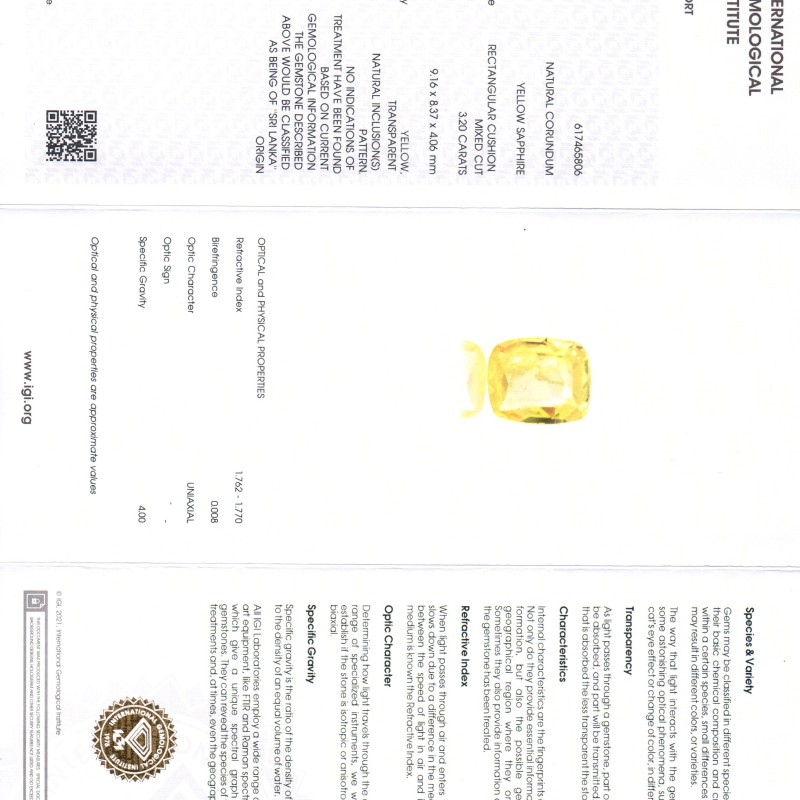 3.20 Ct IGI Certified Unheated Untreated Natural Ceylon Yellow Sapphire AA