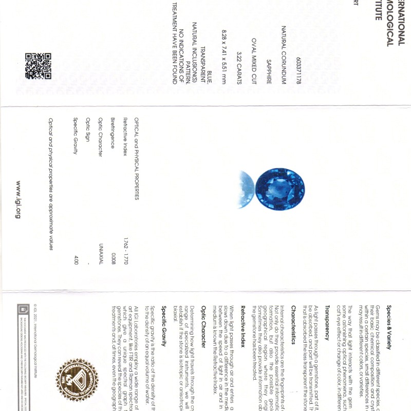 3.22 Ct IGI Certified Unheated Untreated Natural Ceylon Blue Sapphire AAA