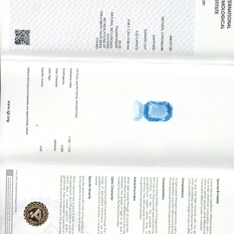 3.22 Ct IGI Certified Unheated Untreated Natural Ceylon Blue Sapphire AAA 3.22 Ct IGI Certified Unheated Untreated Natural Ceylon Blue Sapphire AAA