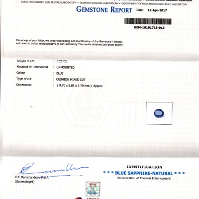 3.23 Ct IGI Certified Unheated Untreated Natural Ceylon Blue Sapphire AA 3.23 Ct IGI Certified Unheated Untreated Natural Ceylon Blue Sapphire AA