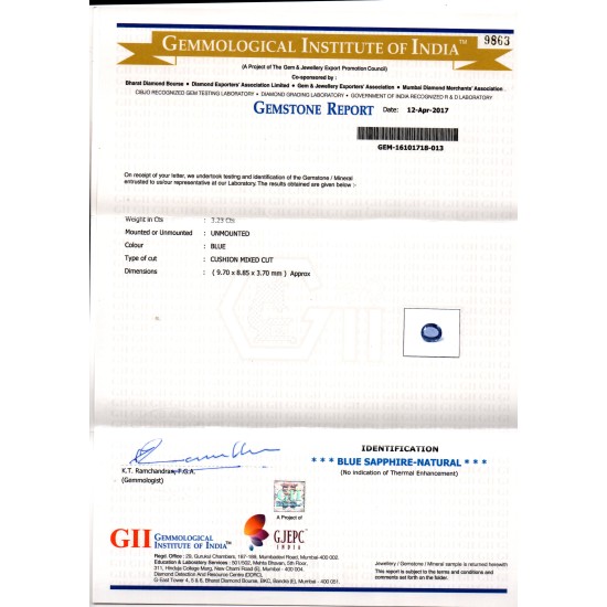 3.23 Ct IGI Certified Unheated Untreated Natural Ceylon Blue Sapphire AA