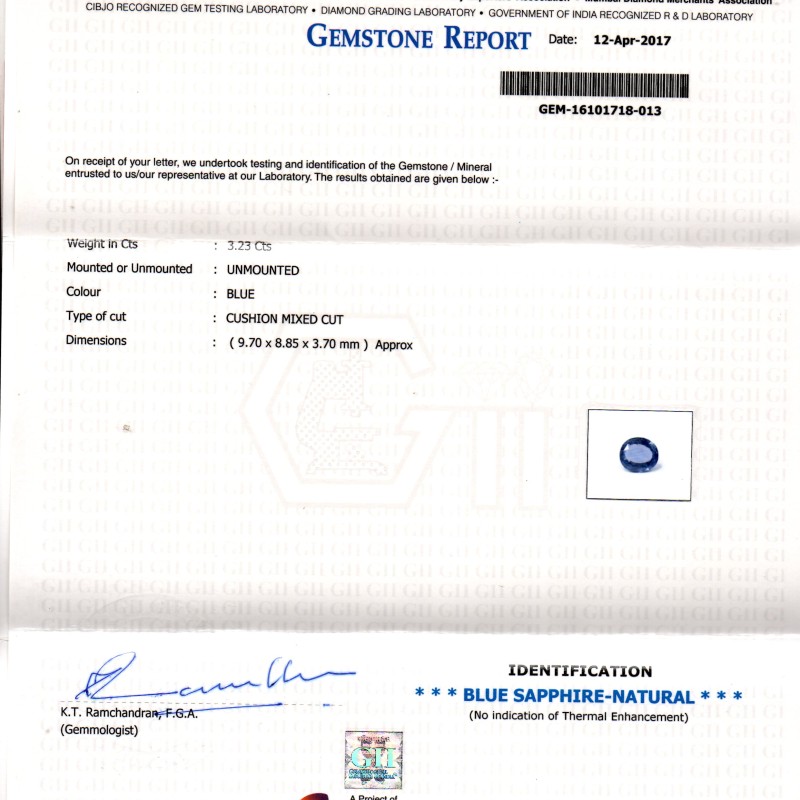 3.23 Ct IGI Certified Unheated Untreated Natural Ceylon Blue Sapphire AA 3.23 Ct IGI Certified Unheated Untreated Natural Ceylon Blue Sapphire AA