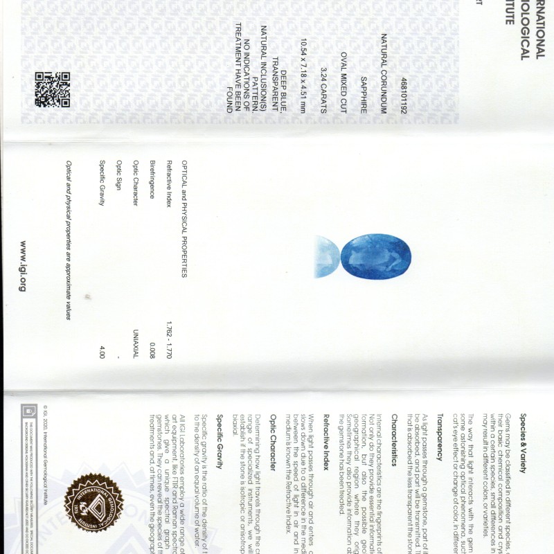 3.24 Ct IGI Certified Unheated Untreated Natural Ceylon Blue Sapphire AAA 3.24 Ct IGI Certified Unheated Untreated Natural Ceylon Blue Sapphire AAA