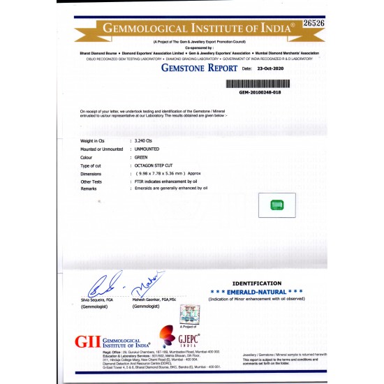 3.24 Ct GII Certified Untreated Natural Zambian Emerald Gemstone