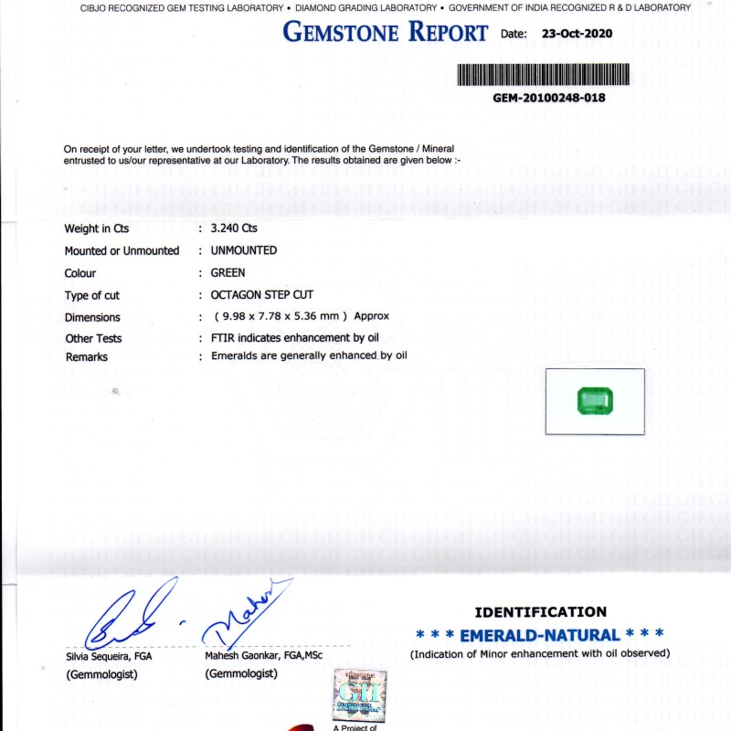 3.24 Ct GII Certified Untreated Natural Zambian Emerald Gemstone 3.24 Ct GII Certified Untreated Natural Zambian Emerald Gemstone