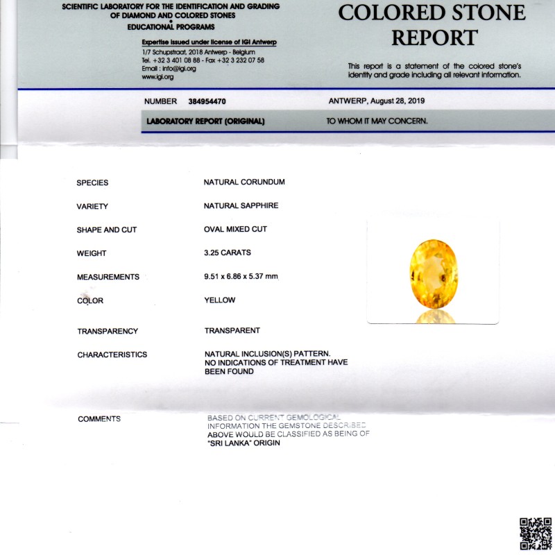 3.25 Ct IGI Certified Unheated Untreated Natural Ceylon Yellow Sapphire
