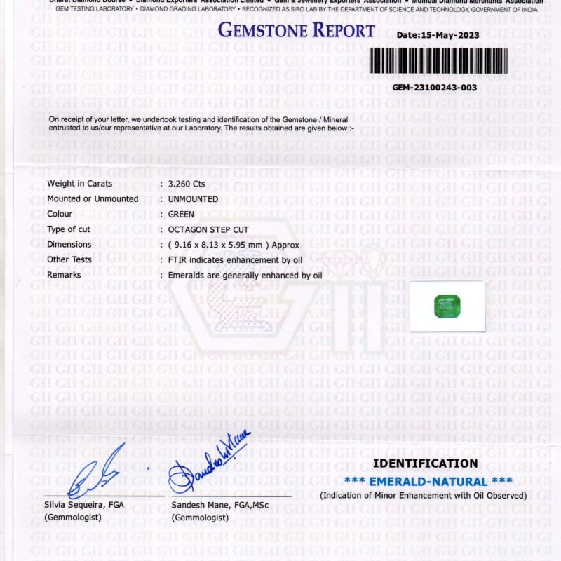 3.26 Ct GII Certified Untreated Natural Zambian Emerald Panna Gemstone