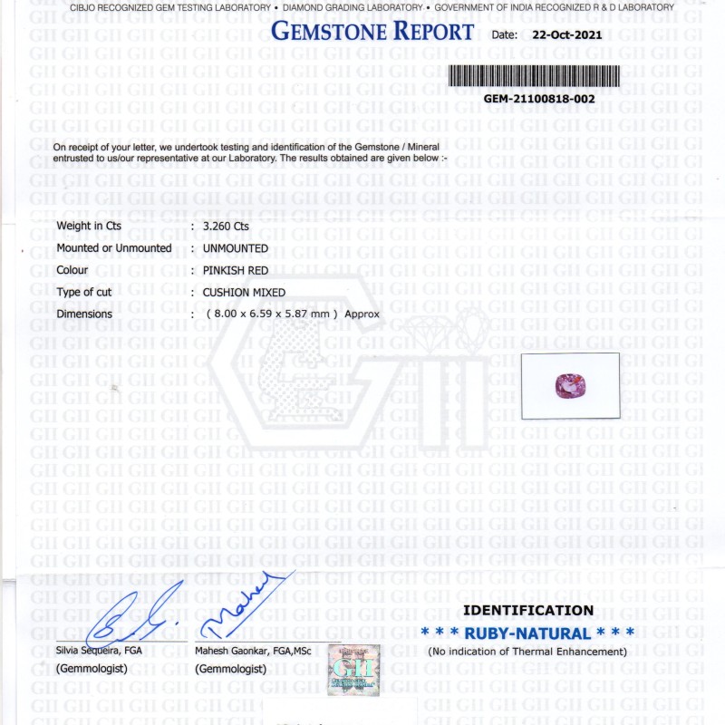 3.26 Ct GII Certified Unheated Untreted Natural Madagaskar Ruby Gems