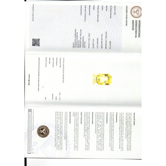 3.27 Ct IGI Certified Unheated Untreated Natural Ceylon Yellow Sapphire AAAAA