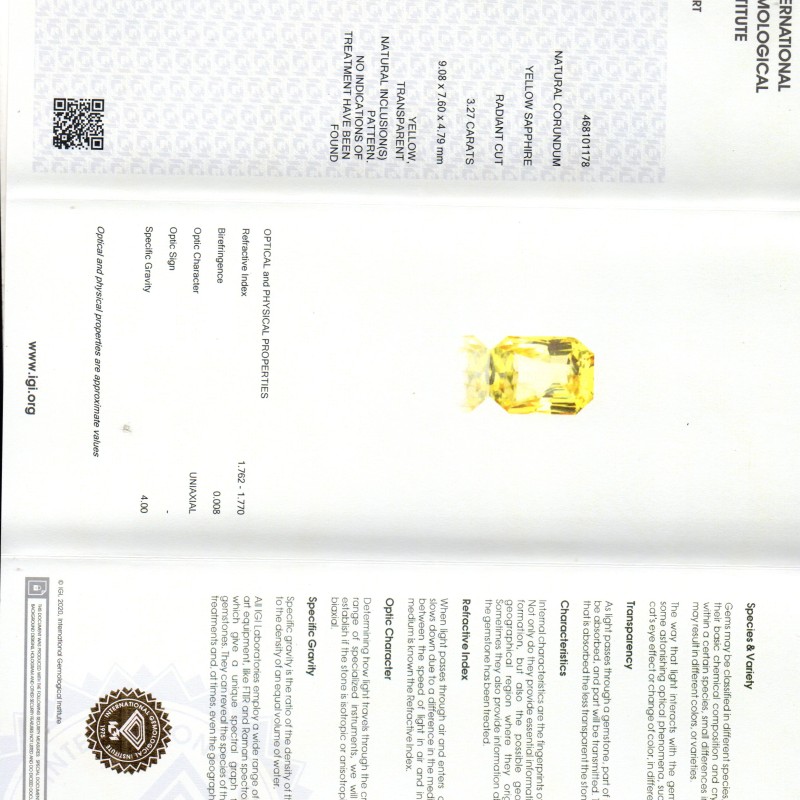 3.27 Ct IGI Certified Unheated Untreated Natural Ceylon Yellow Sapphire AAAAA 3.27 Ct IGI Certified Unheated Untreated Natural Ceylon Yellow Sapphire AAAAA