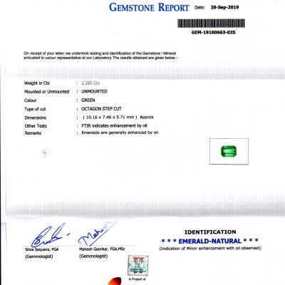 3.28 Ct GII Certified Untreated Natural Zambian Emerald Gemstone AAA