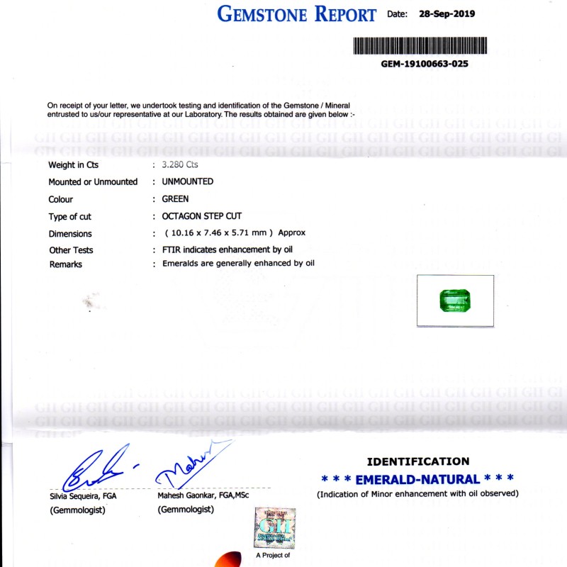 3.28 Ct GII Certified Untreated Natural Zambian Emerald Gemstone AAA