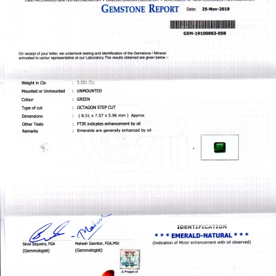 3.28 Ct GII Certified Untreated Natural Zambian Emerald Gems AAAAA