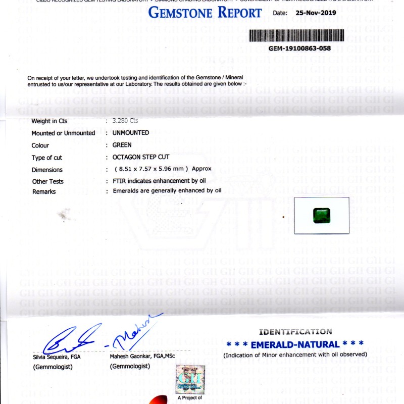 3.28 Ct GII Certified Untreated Natural Zambian Emerald Gems AAAAA