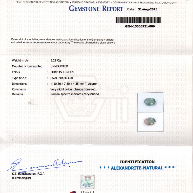3.29 Ct GII Certified Untreated Natural Colour Changing Alexandrite 3.29 Ct GII Certified Untreated Natural Colour Changing Alexandrite