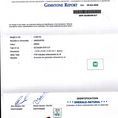 3.29 Ct GII Certified Untreated Natural Zambian Emerald Gems AAAA