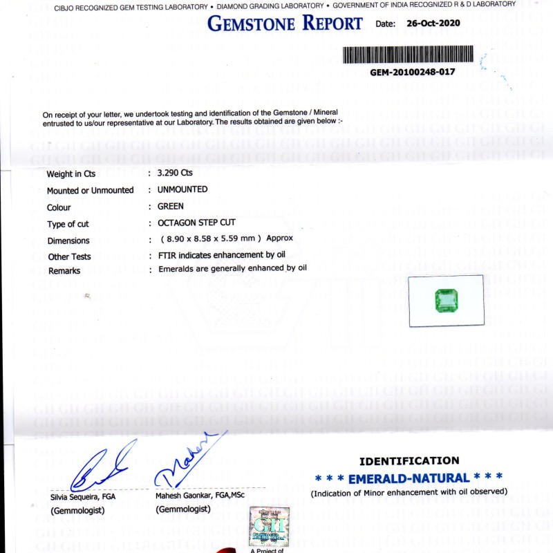 3.29 Ct GII Certified Untreated Natural Zambian Emerald Gems AAAA