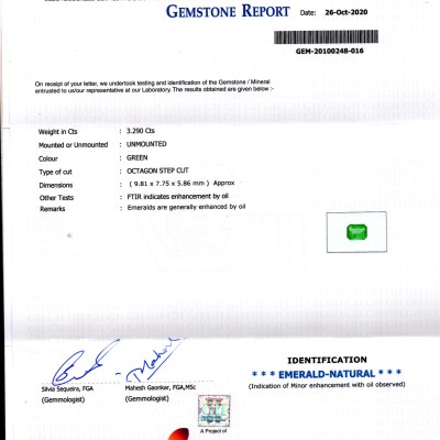 3.29 Ct GII Certified Untreated Natural Zambian Emerald Gemstones