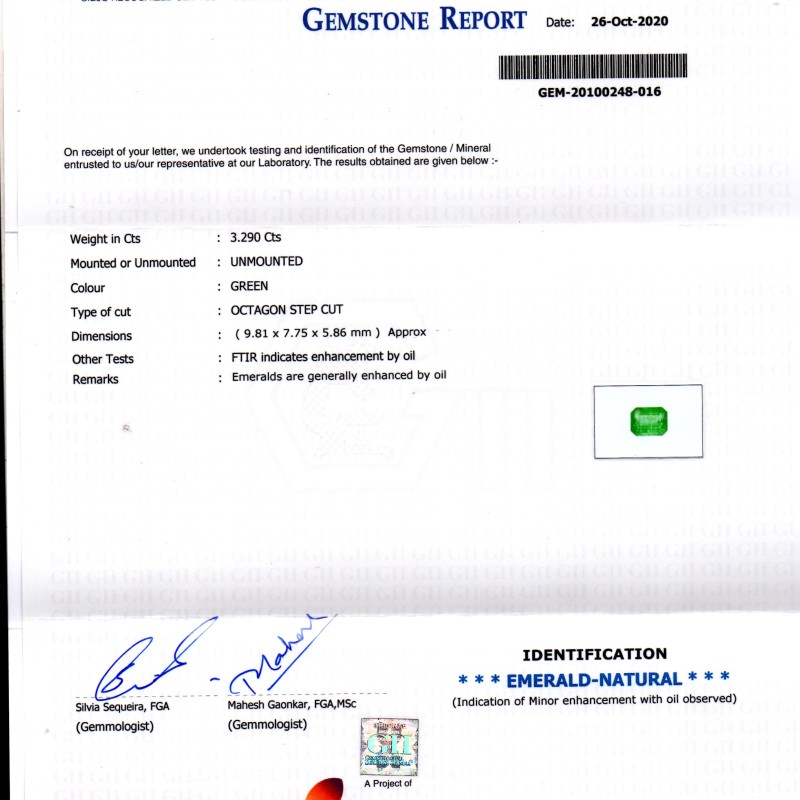 3.29 Ct GII Certified Untreated Natural Zambian Emerald Gemstones
