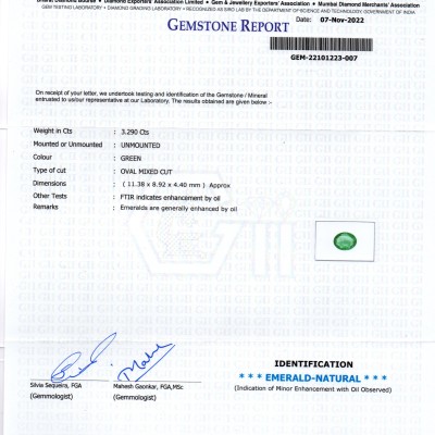 3.29 Ct GII Certified Untreated Natural Zambian Emerald Gemstone AA