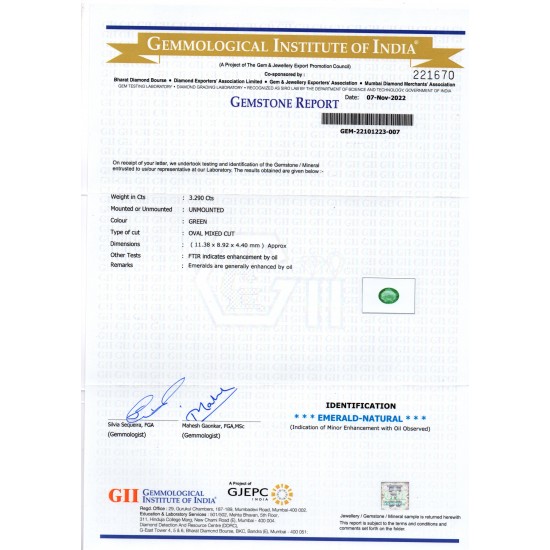 3.29 Ct GII Certified Untreated Natural Zambian Emerald Gemstone AA