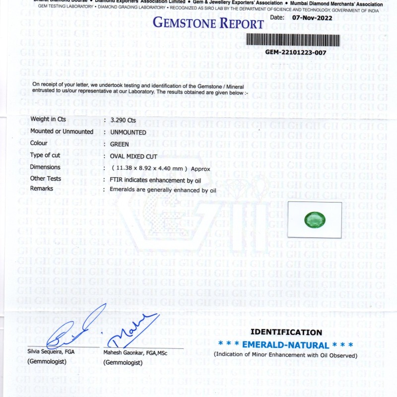 3.29 Ct GII Certified Untreated Natural Zambian Emerald Gemstone AA