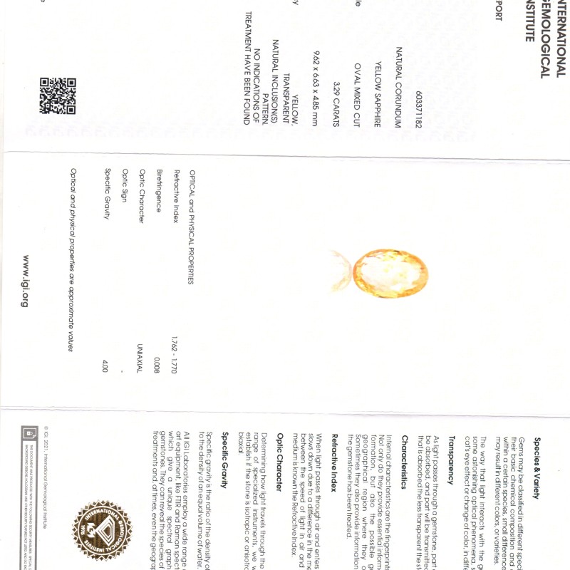 3.29 Ct IGI Certified Unheated Untreated Natural Ceylon Yellow Sapphire 3.29 Ct IGI Certified Unheated Untreated Natural Ceylon Yellow Sapphire