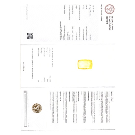 3.30 Ct IGI Certified Unheated Untreated Natural Ceylon Yellow Sapphire