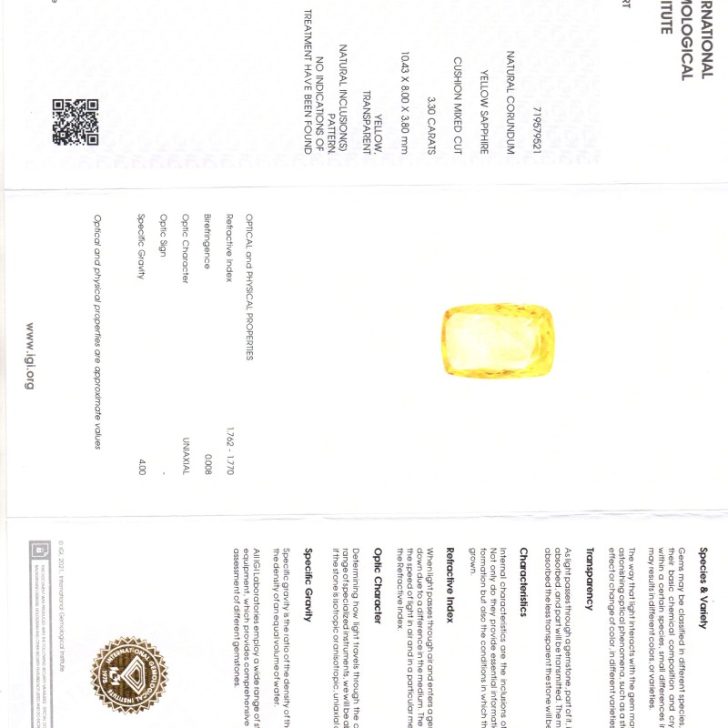 3.30 Ct IGI Certified Unheated Untreated Natural Ceylon Yellow Sapphire 3.30 Ct IGI Certified Unheated Untreated Natural Ceylon Yellow Sapphire