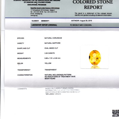 3.30 Ct IGI Certified Unheated Untreated Natural Ceylon Yellow Sapphire 3.30 Ct IGI Certified Unheated Untreated Natural Ceylon Yellow Sapphire