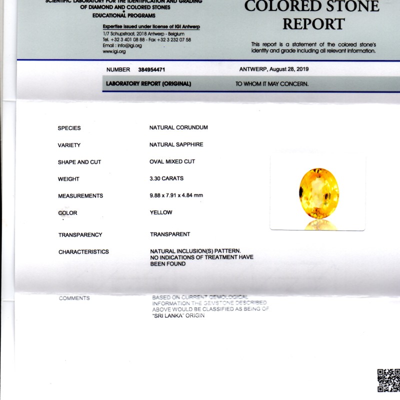 3.30 Ct IGI Certified Unheated Untreated Natural Ceylon Yellow Sapphire 3.30 Ct IGI Certified Unheated Untreated Natural Ceylon Yellow Sapphire