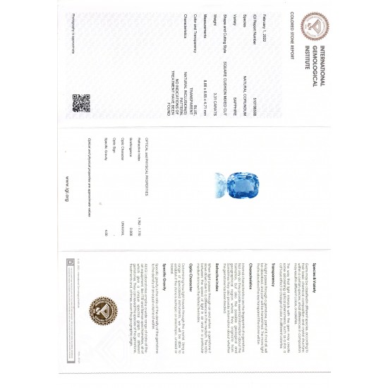 3.31 Ct IGI Certified Unheated Untreated Natural Ceylon Blue Sapphire AAA