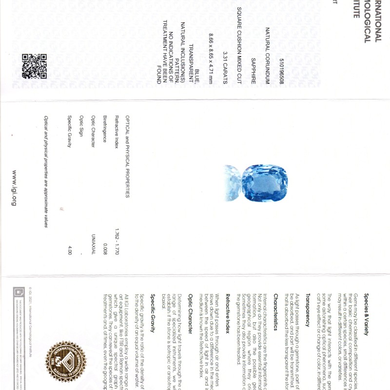 3.31 Ct IGI Certified Unheated Untreated Natural Ceylon Blue Sapphire AAA