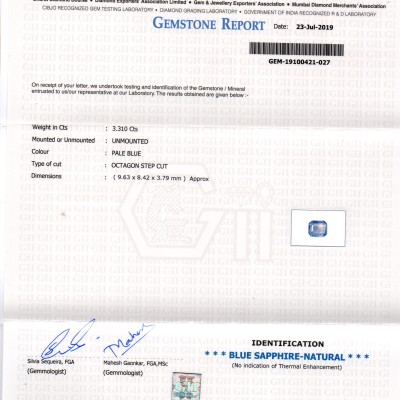 3.31 Ct GII Certified Unheated Untreated Natural Ceylon Blue Sapphire 3.31 Ct GII Certified Unheated Untreated Natural Ceylon Blue Sapphire