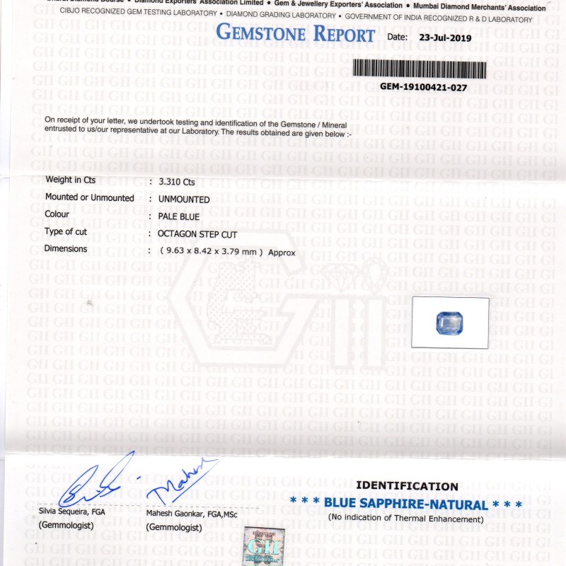 3.31 Ct GII Certified Unheated Untreated Natural Ceylon Blue Sapphire 3.31 Ct GII Certified Unheated Untreated Natural Ceylon Blue Sapphire