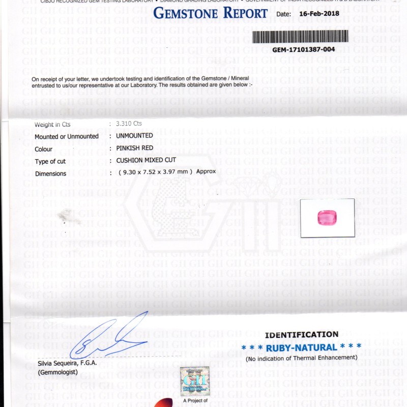 3.31 Ct GII Certified Unheated Untreated Natural Madagaskar Ruby 3.31 Ct GII Certified Unheated Untreated Natural Madagaskar Ruby