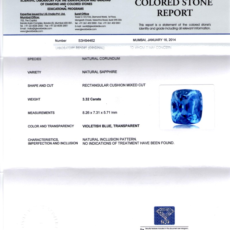 3.32 Ct IGI Certified Unheated Untreated Natural Ceylon Blue Sapphire 3.32 Ct IGI Certified Unheated Untreated Natural Ceylon Blue Sapphire
