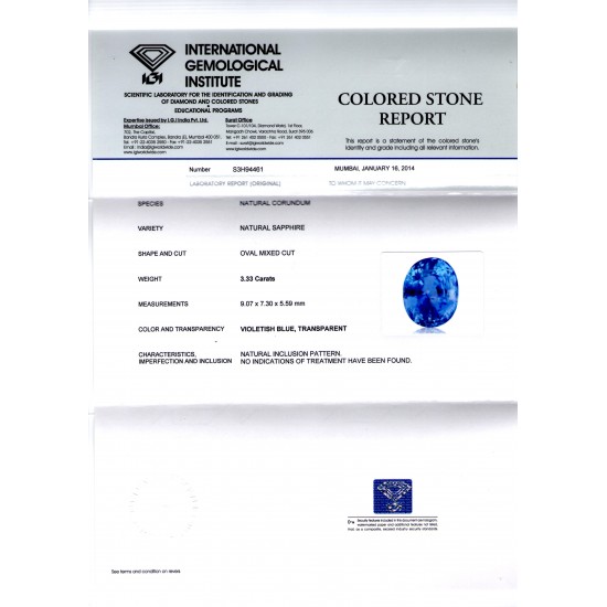 3.33 Ct IGI Certified Unheated Untreated Natural Ceylon Blue Sapphire