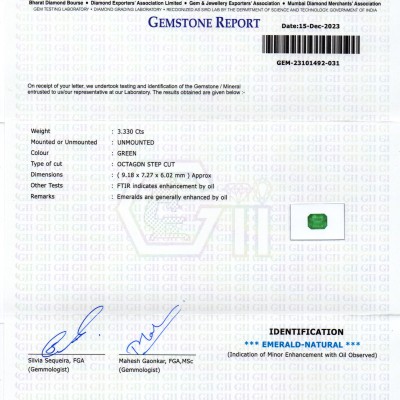 3.33 Ct GII Certified Untreated Natural Zambian Emerald Panna AAA