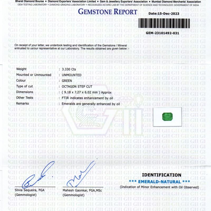 3.33 Ct GII Certified Untreated Natural Zambian Emerald Panna AAA