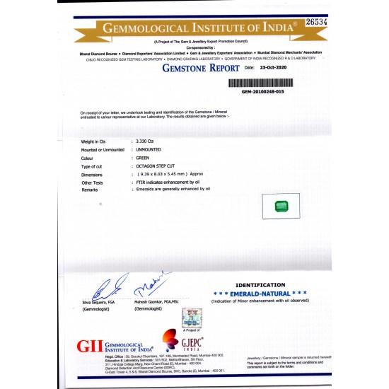 3.33 Ct GII Certified Untreated Natural Zambian Emerald Gems AAAA