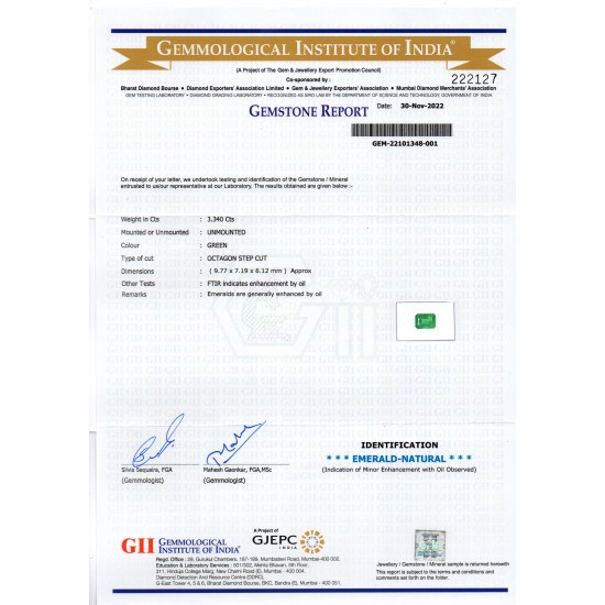 3.34 Ct GII Certified Untreated Natural Zambian Emerald Gemstone AAA