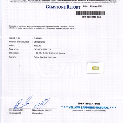3.34 Ct GII Certified Unheated Untreated Natural Ceylon Yellow Sapphire
